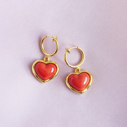 Porcelain Red Heart Clip-On Hoop Earrings