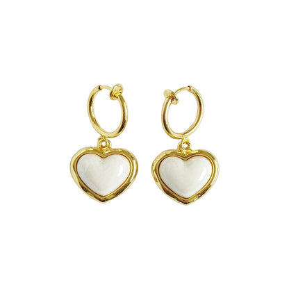 Porcelain Pearly White Heart Clip-On Hoop Earrings