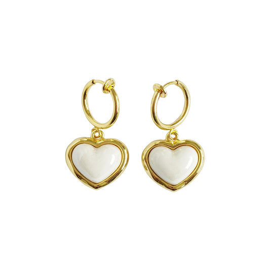 Porcelain Pearly White Heart Clip-On Hoop Earrings