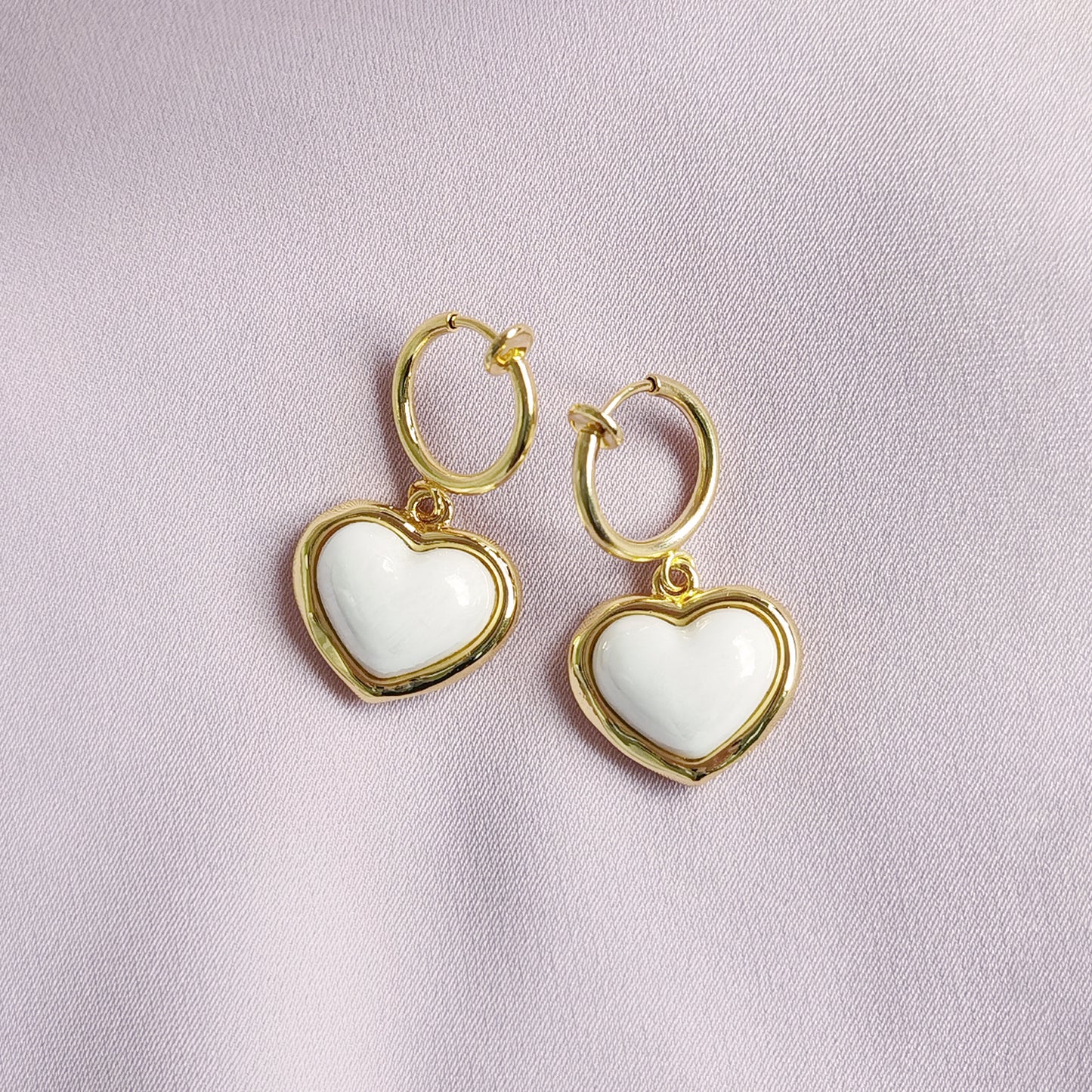 Porcelain Pearly White Heart Clip-On Hoop Earrings