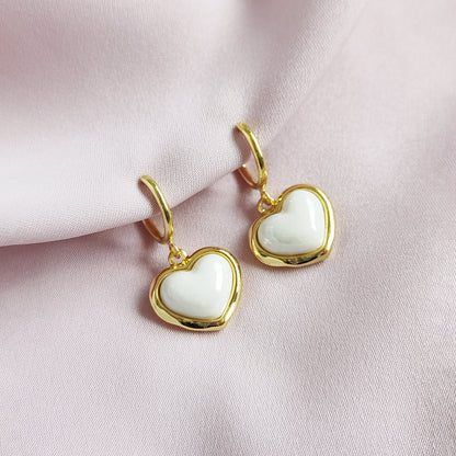 Porcelain Pearly White Heart Clip-On Hoop Earrings