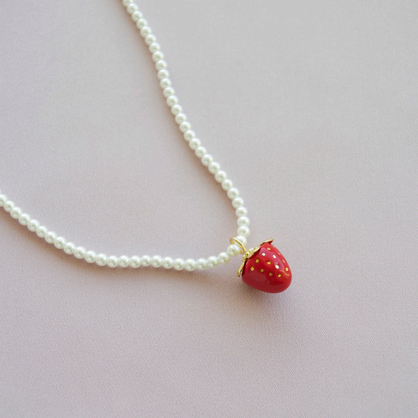 Mini Red Porcelain Strawberry Swarovski Pearl Necklace