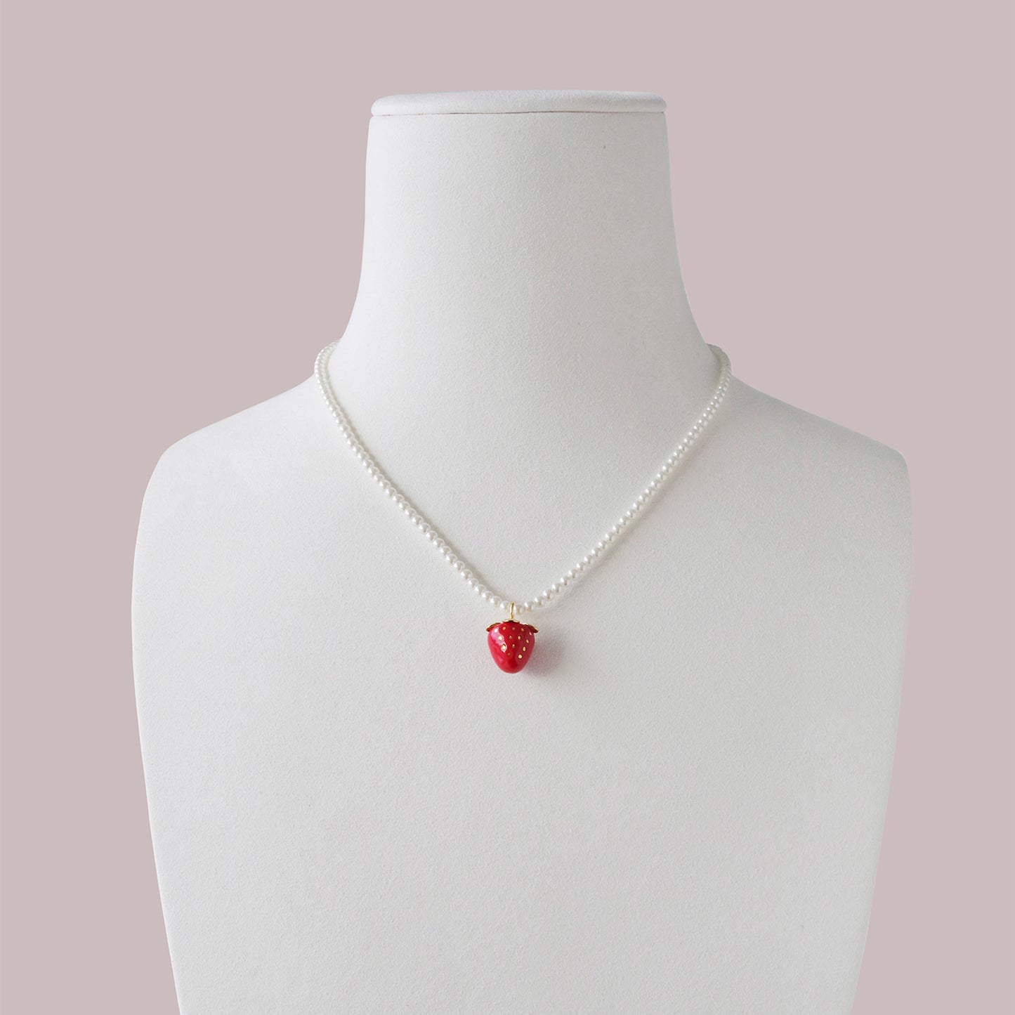 Mini Red Porcelain Strawberry Swarovski Pearl Necklace