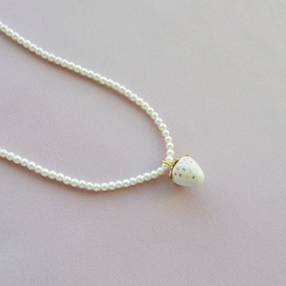 Mini White Porcelain Strawberry Swarovski Pearl Necklace