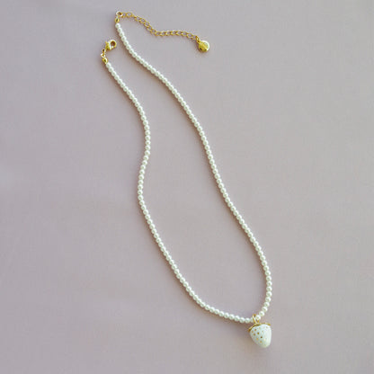 Mini White Porcelain Strawberry Swarovski Pearl Necklace