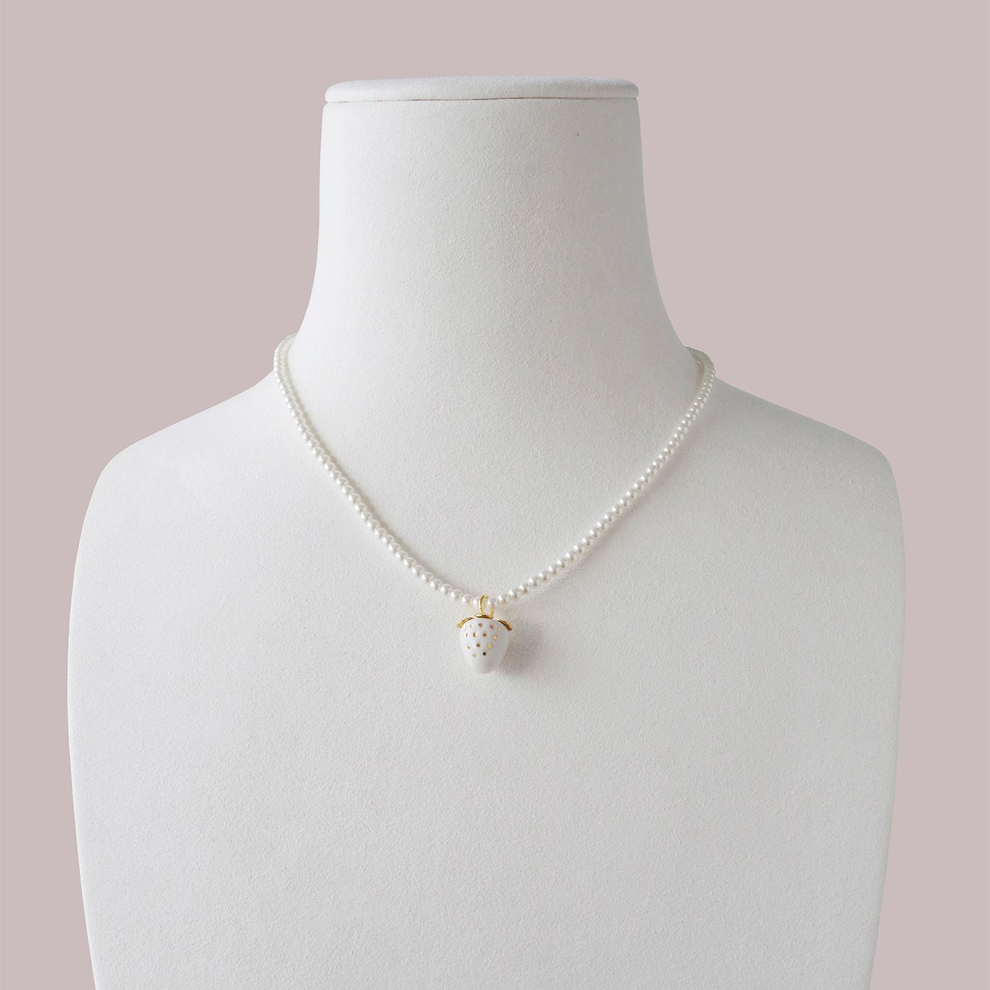 Mini White Porcelain Strawberry Swarovski Pearl Necklace